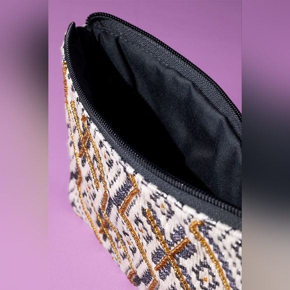 Handmade Hand Beaded Wristlet Clutch - Ethnic Inspired Motive - Gold Seed Beeds - Picture 7 of 11